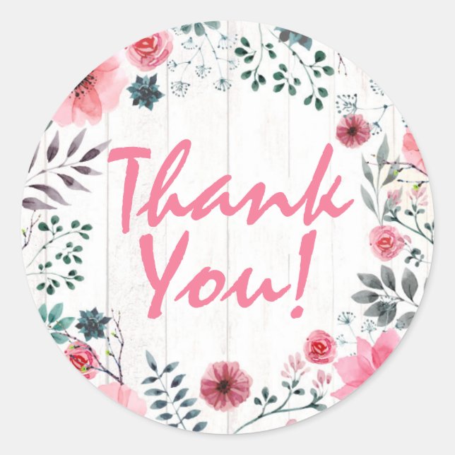 Pegatina Redonda Shabby Chic Pink Roses De Madera Rústica Gracias (Anverso)
