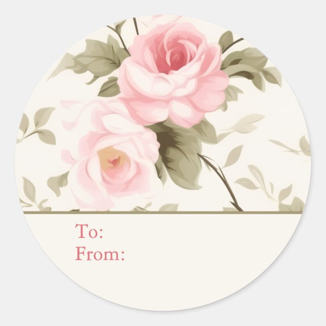Pegatina Redonda Shabby Chic Pink Roses Personalized To and From (Anverso)