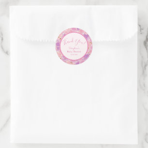 Pegatina Redonda Shabby Chic Purpurina Rosas Baby Shower Gracias
