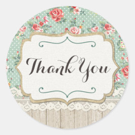 Pegatina Redonda Shabby Chic Rosas, Lace & Burlap Burlap Gracias