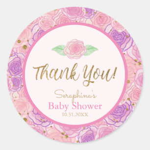 Pegatina Redonda Shabby Cute Purpurina Rosas Baby Shower Gracias