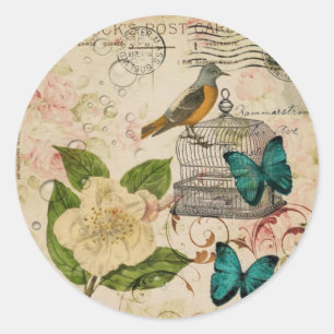 Pegatina Redonda shabby elegance ave botánica provincia francesa