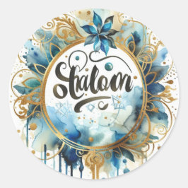 Pegatina Redonda Shalom Blue Gold Wreath Abstract Modern Trendy