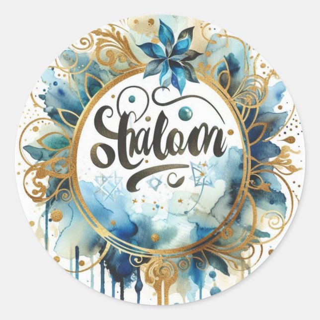 Pegatina Redonda Shalom Blue Gold Wreath Abstract Modern Trendy (Anverso)