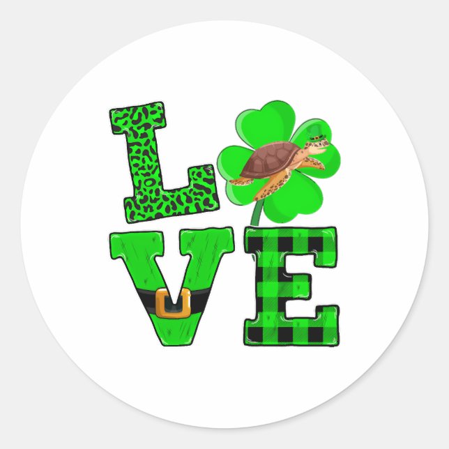Pegatina Redonda Shamrock Green Plaid Love Sea Turtle St Patrick'S (Anverso)