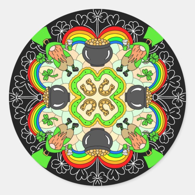 Pegatina Redonda Shamrock, Leprechauns Día de San Patricio (Anverso)