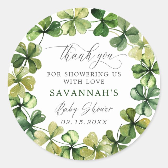 Pegatina Redonda Shamrock Lucky Clover Spring Baby Shower Gracias (Anverso)