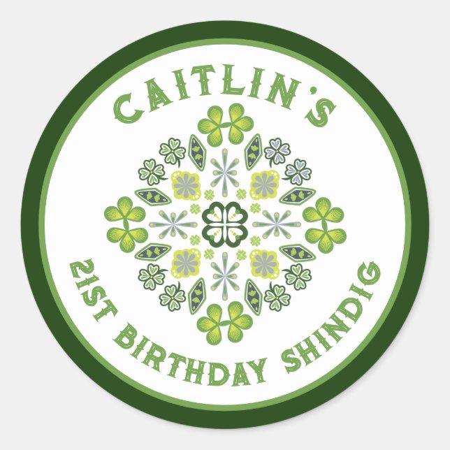 Pegatina Redonda Shamrock Mandala 21ª Fiesta de cumpleaños (Anverso)