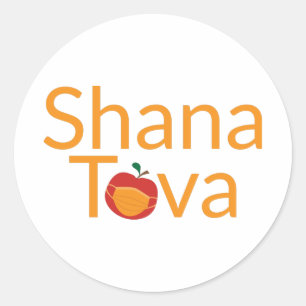 Pegatina Redonda Shana Tova con manzana roja usando máscara de la 