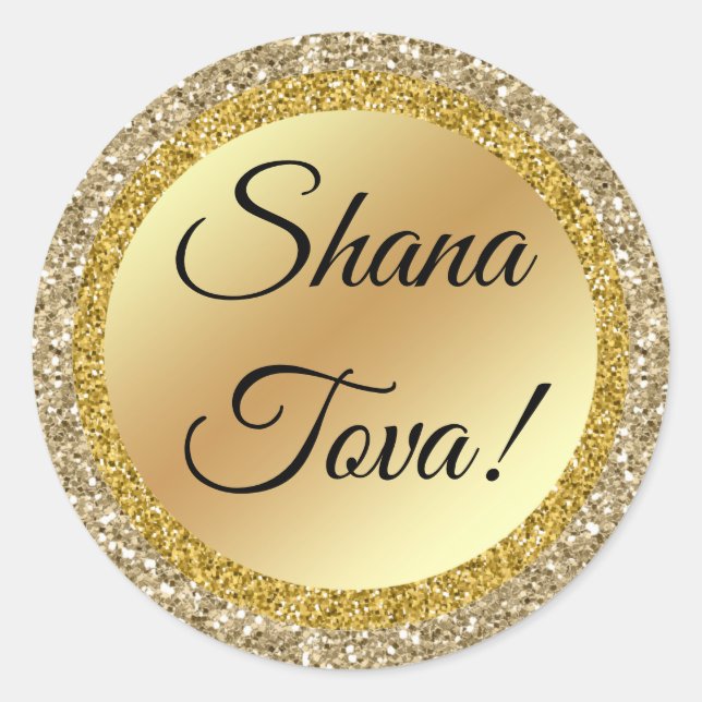 Pegatina Redonda ¡shana tova! Guión clásico, fondo dorado,personali (Anverso)