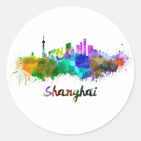 Pegatina Redonda Shanghai skyline in watercolor