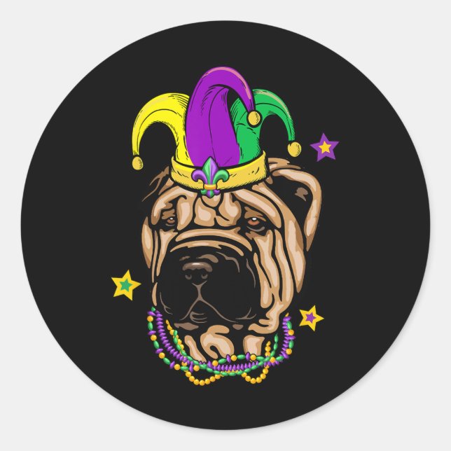 Pegatina Redonda Shar Pei Face Con Mardi Gras Beads Jester Gorra (Anverso)