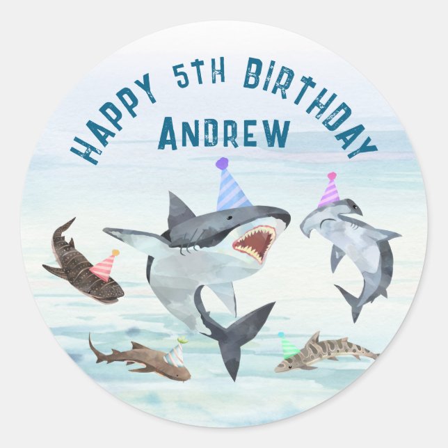 Pegatina Redonda Shark Birthday Pool Party Stickers (Anverso)