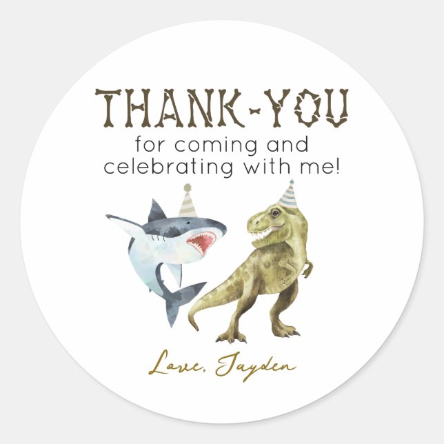 Pegatina Redonda Shark & Dinosaur Birthday Thank You  (Anverso)
