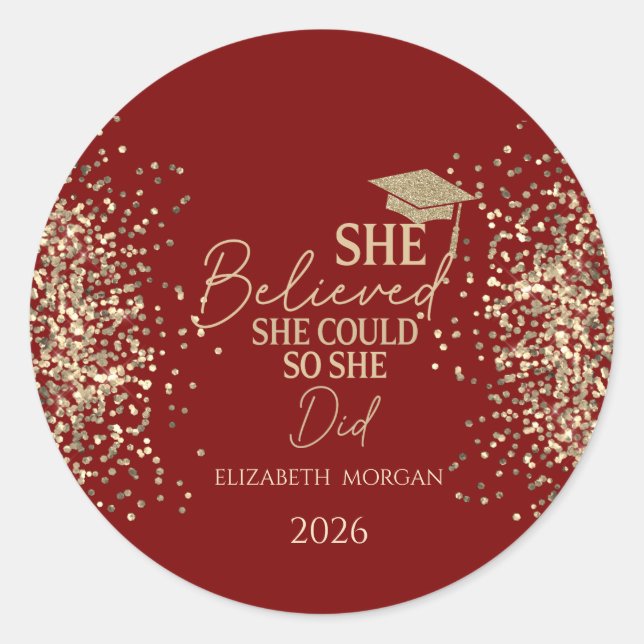 Pegatina Redonda  She Believed Gold Glitter Grad Cap,Dots Red (Anverso)
