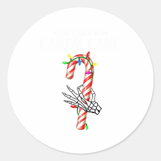 Pegatina Redonda She Likes My Candy Cane Skeleton Couples Christmas (Anverso)