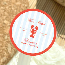Pegatina Redonda She’s a Catch Lobster Red and Blue Bridal Shower