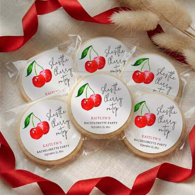 Pegatina Redonda She’s the Cherry on Top Bachelorette Party Favor (Subido por el creador)