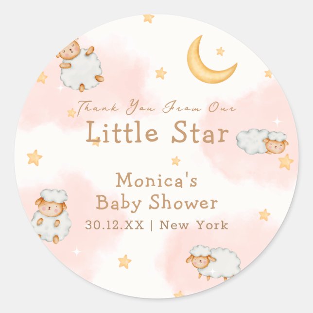 Pegatina Redonda Sheep Twinkle Twinkle Moon Stars Chica Baby Shower (Anverso)