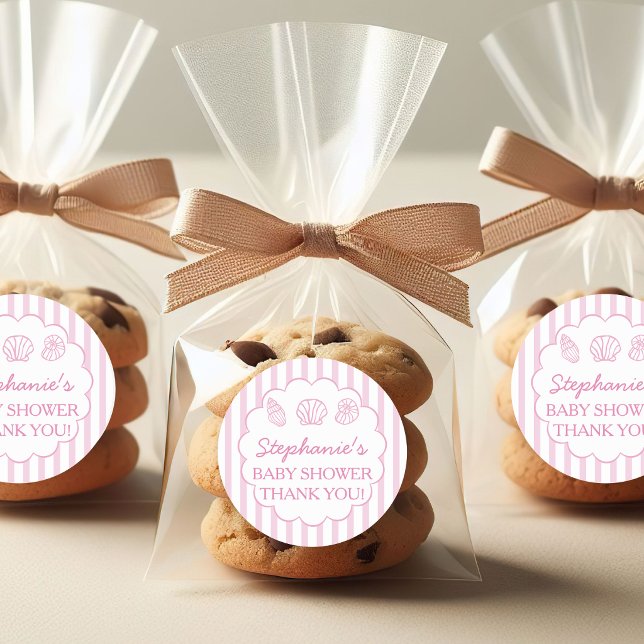 Pegatina Redonda She'll Be Here Soon Pink Sea Shells Baby Shower (Subido por el creador)