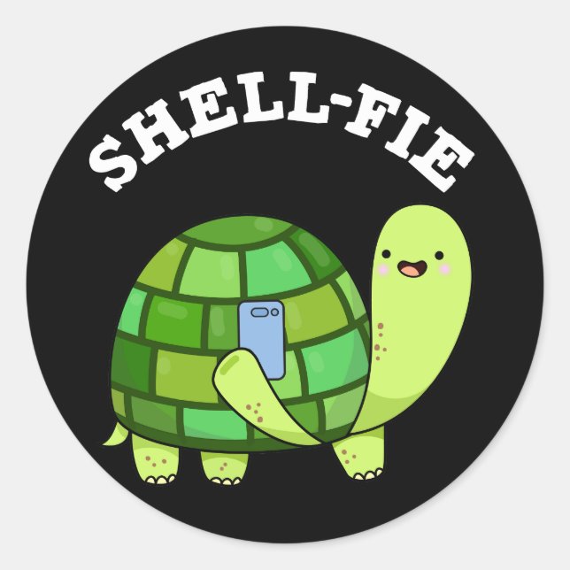 Pegatina Redonda Shell-fie Funny Tortoise Selfie Pun Dark BG (Anverso)