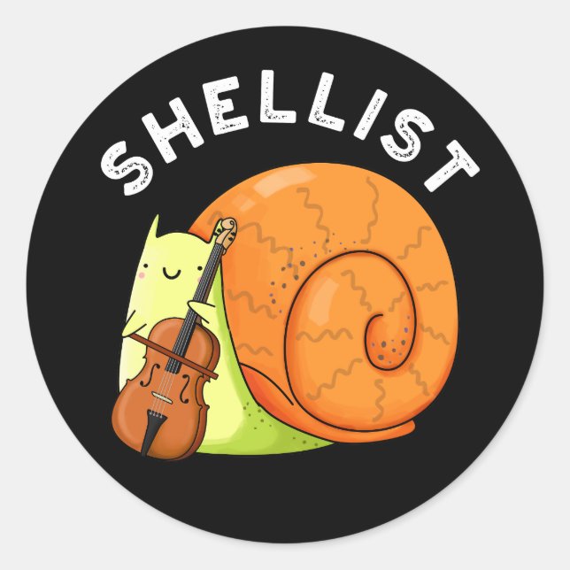 Pegatina Redonda Shellist Funny Snail Cello Pun Dark BG (Anverso)