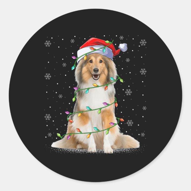 Pegatina Redonda Sheltie Dog Lover Xmas Lighting Santa Sheltie Chri (Anverso)