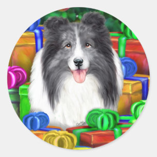 Pegatina Redonda Sheltie Navidades abren regalos Bi Blue