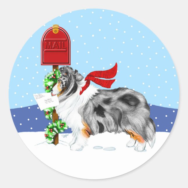 Pegatina Redonda Sheltie Navidades Mail Blue Merle (Anverso)