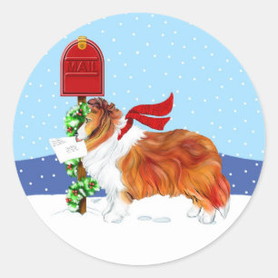 Pegatina Redonda Sheltie Navidades Mail Sable