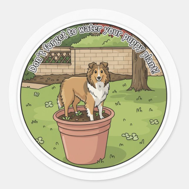 Pegatina Redonda Sheltie potted plant (Anverso)