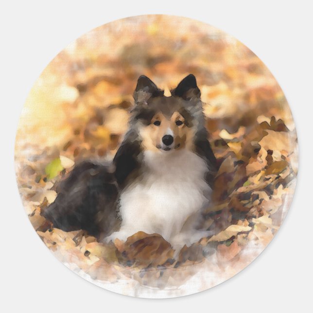 Pegatina Redonda Sheltie Shetland Sheepdog Art Painting (Anverso)