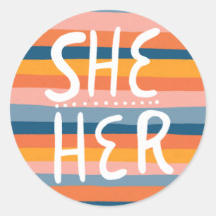 Pegatina Redonda SHER/HER Pronouns Stripes Handlettering Sheet of