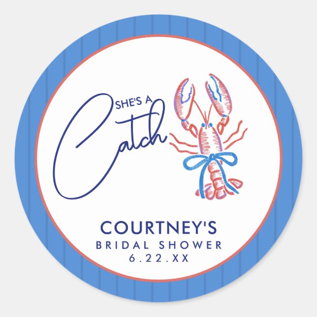 Pegatina Redonda She's A Catch Coastal Lobster Bridal Shower (Anverso)