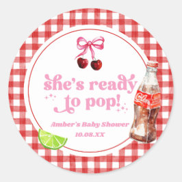 Pegatina Redonda She's Ready To Pop! Cherry Soda Pop Baby Shower