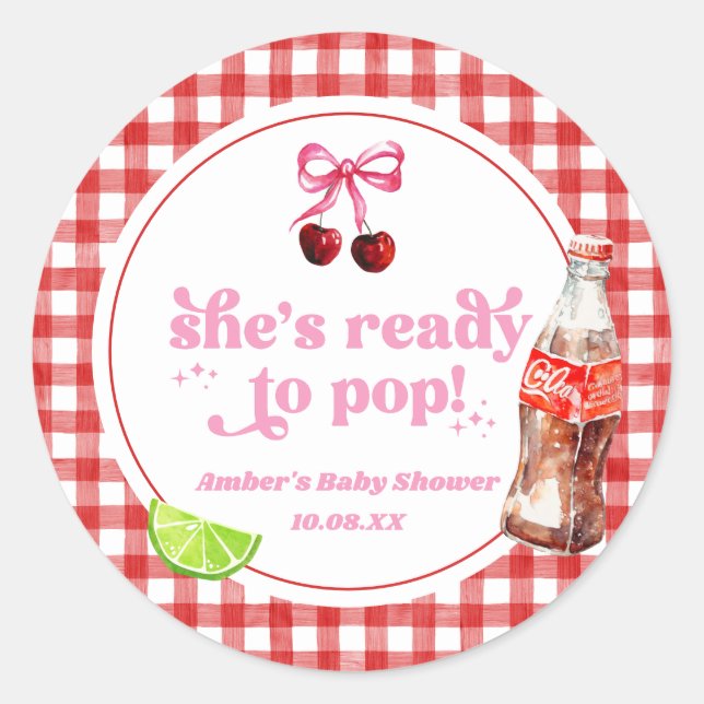 Pegatina Redonda She's Ready To Pop! Cherry Soda Pop Baby Shower (Anverso)