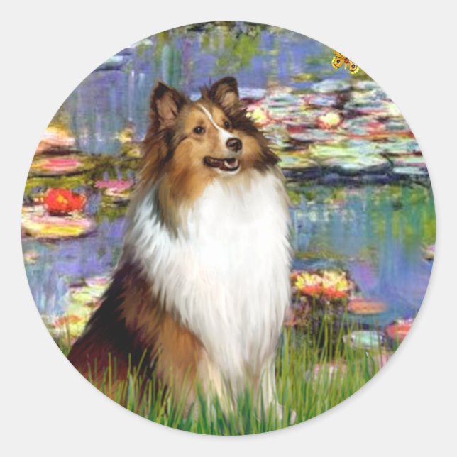 Pegatina Redonda Shetland Sheepdog (Bz) - Lilies 2 (Anverso)