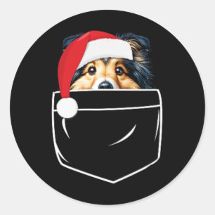 Pegatina Redonda Shetland Sheepdog Dog Santa Hat Navidades Pocket F