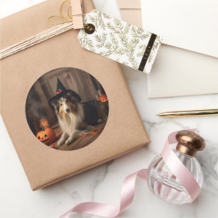 Pegatina Redonda Shetland Sheepdog Pumpkins Halloween Scary