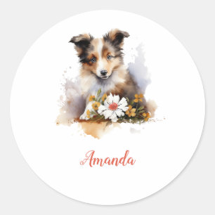 Pegatina Redonda Shetland Sheepdog Puppy Mascota Flor acuática