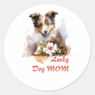 Pegatina Redonda Shetland Sheepdog Puppy Mascota Flor acuática