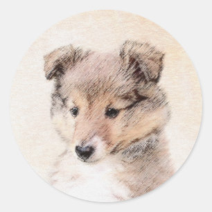 Pegatina Redonda Shetland Sheepdog Puppy Pintura Original Perro Art