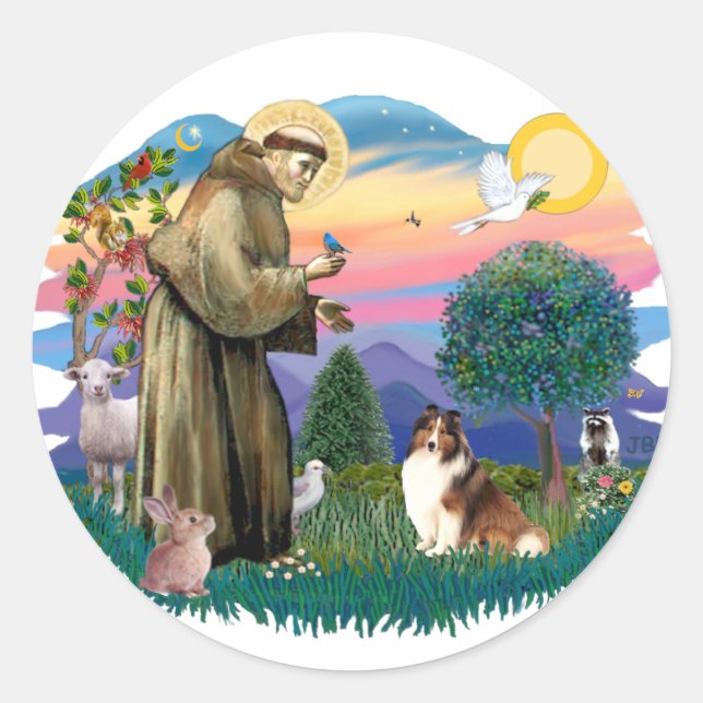 Pegatina Redonda Shetland Sheepdog (sable y blanco) (Anverso)