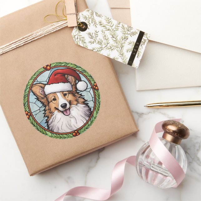 Pegatina Redonda Shetland Sheepdog StainGlass Navidades (Regalar)