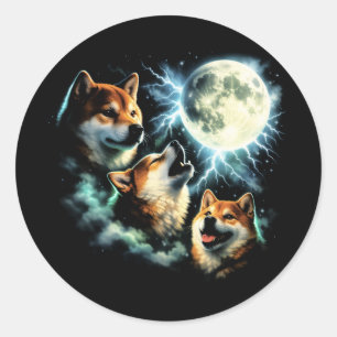 Pegatina Redonda Shiba Inu Aullando a la Luna Gráfico Celestial