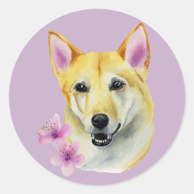 Pegatina Redonda Shiba Inu con pintura de Sakura | Arte de perros (Anverso)