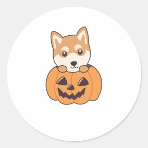 Pegatina Redonda Shiba Inu En Calabaza Dulces Perros Feliz Hallowee