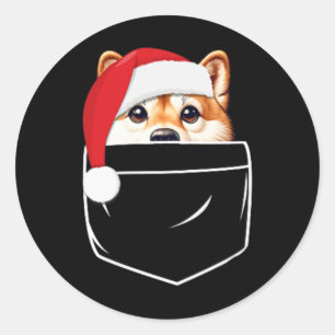 Pegatina Redonda Shiba Inu Perro Santa Hat Navidades Pocas navidade