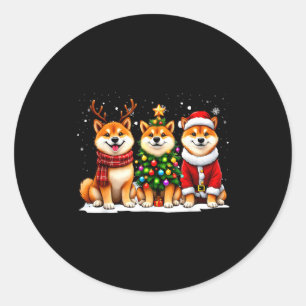 Pegatina Redonda Shiba Inu Retro Navidad Santa Reno Amante Perros