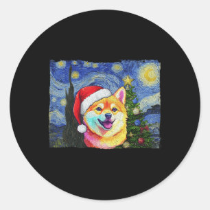 Pegatina Redonda Shiba Inu Santa Hat Navidades de arte nocturno Sta